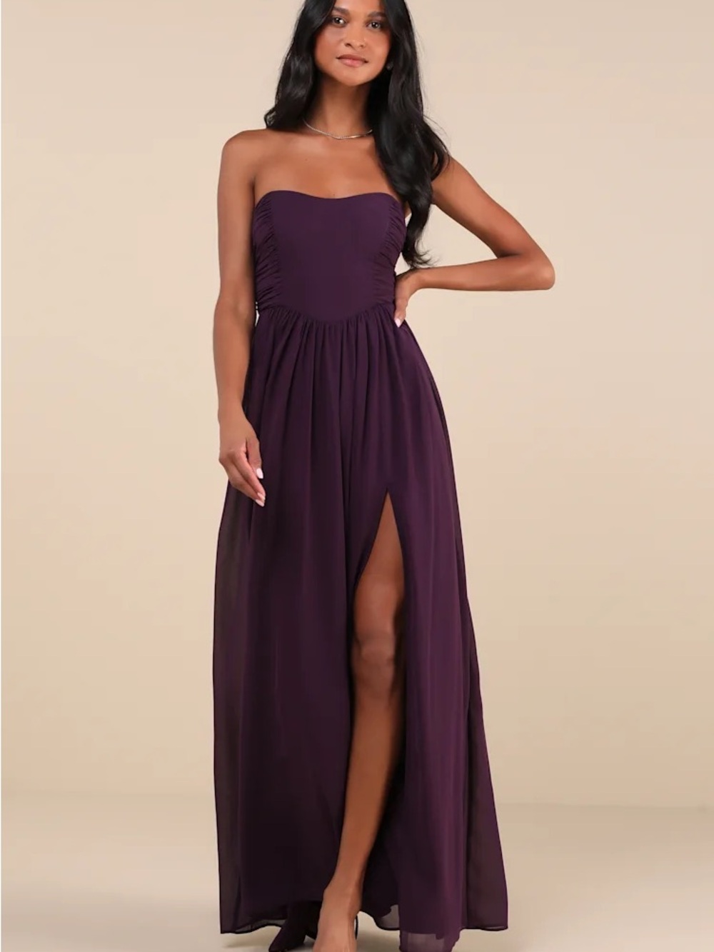 Lulu's Strapless Deep Plum Maxi Dress with Front Slit